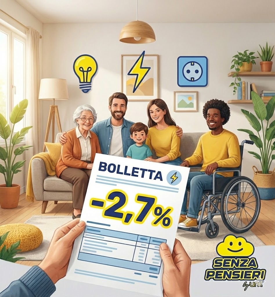 Famiglia, anziano e persona con disabilità sorridenti in salotto moderno, bolletta luce con segno -2,7%, simboli di energia, colori blu e giallo, logo Senza Pensieri.